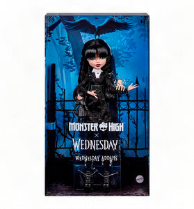 Mattel Monster High x Wednesday: Muñeca Coleccionable Wednesday Addams con Vestido Negro y Accesorio Thing - Edad 6+